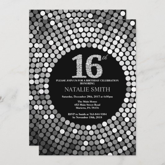 16e Verjaardag Uitnodiging Zwart en Zilver Glitter (Voorkant / Achterkant)