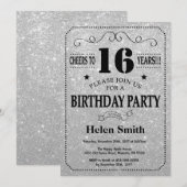 16e verjaardag Uitnodiging zwart en zilver Glitter (Voorkant / Achterkant)