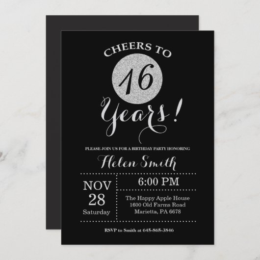 16e Verjaardag Uitnodiging Zwart en Zilver Glitter (Voorkant / Achterkant)