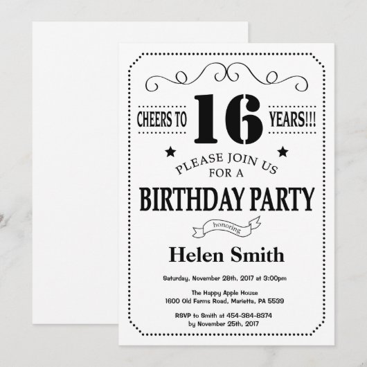16e verjaardag Uitnodiging zwart-wit (Voorkant / Achterkant)