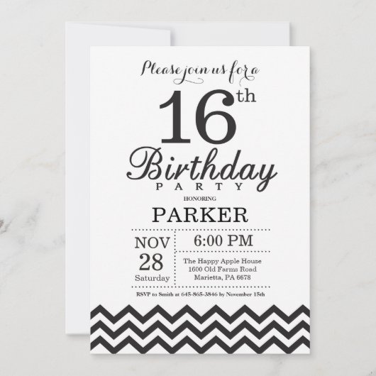 16e verjaardag Uitnodiging zwart-wit Chevron (Voorkant)
