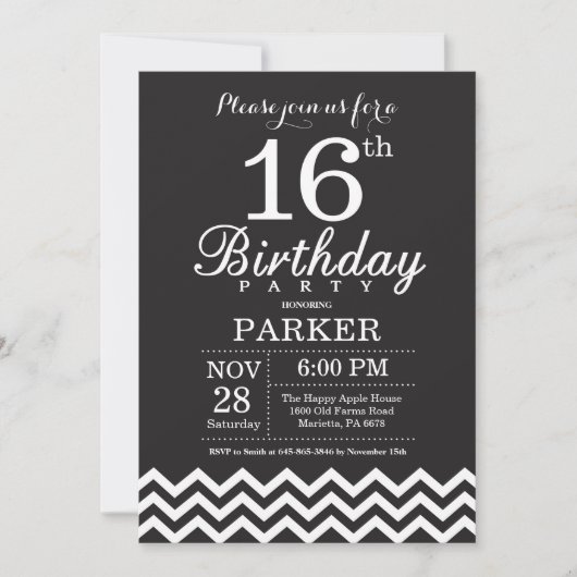 16e verjaardag uitnodiging zwart-wit Chevron (Voorkant)