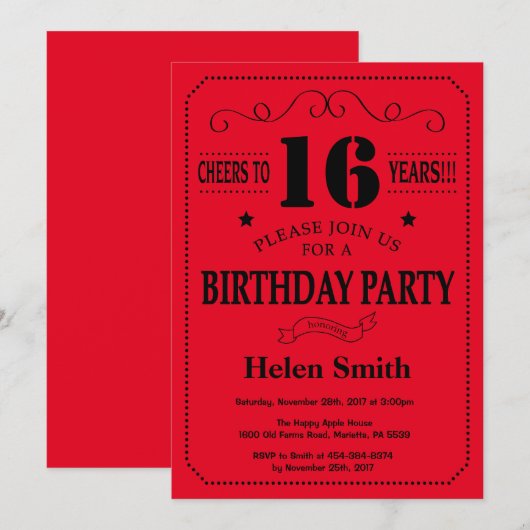 16e verjaardag Uitnodiging zwart-wit en rood (Voorkant / Achterkant)