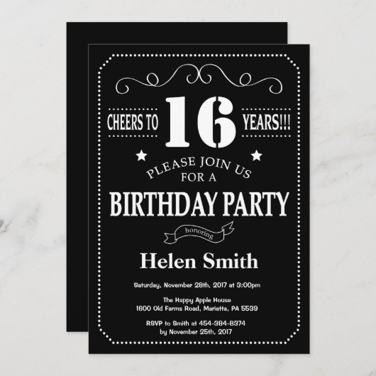 16e verjaardag uitnodiging zwart wit schoolbord (Voorkant / Achterkant)