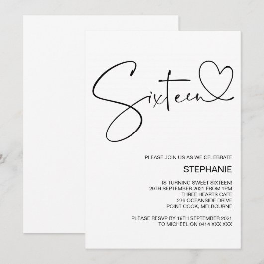 16e verjaardag uitnodigingen met hart (Voorkant / Achterkant)