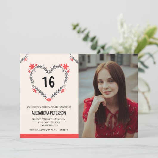 16e verjaardag uitnodigingen voor haar Bloemenhart (Staand voorkant)
