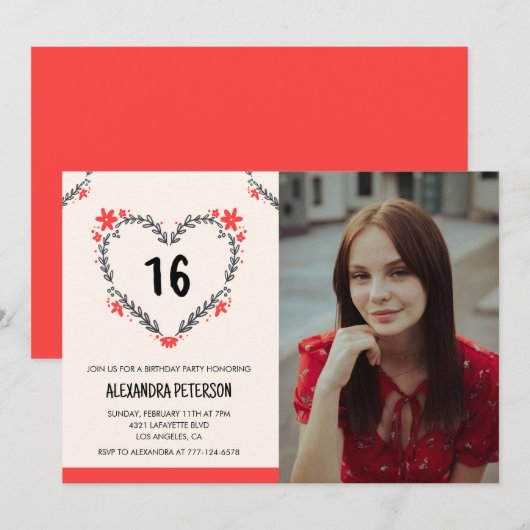 16e verjaardag uitnodigingen voor haar Bloemenhart (Voorkant / Achterkant)