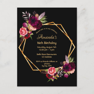 16e verjaardag van de bogundy floral gold geometri briefkaart