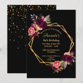 16e verjaardag van de bogundy floral gold geometri kaart (Voorkant / Achterkant)