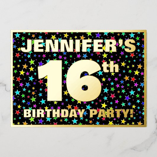 16e verjaardag van de Vreugde - Fun, kleurrijk ste Folie Uitnodiging (Voorkant)