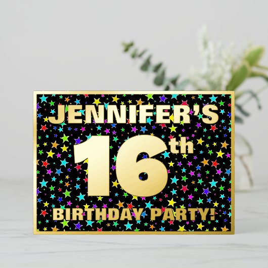 16e verjaardag van de Vreugde - Fun, kleurrijk ste Folie Uitnodiging (Staand Voorkant)
