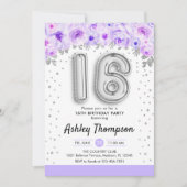 16e verjaardag van de Zilveren-ballonnen Paars Kaart (Voorkant)