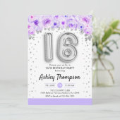 16e verjaardag van de Zilveren-ballonnen Paars Kaart (Staand voorkant)