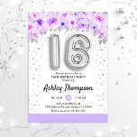 16e verjaardag van de Zilveren-ballonnen Paars Kaart<br><div class="desc">16e verjaardagsfeestuitnodiging. Elegant design in faux glitter Silver met een bloemaccent. Nodig kaart met zilver aantal 16 ballonnen,  manuscriptdoopvont met confetti uit. Pastel paars,  lavender en wit. Ideaal voor een stijlvolle zestiende feestdag. Bericht me als je aangepaste leeftijd nodig hebt.</div>