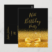 16e verjaardag van de zwarte girlygold boog uitnod briefkaart (Voorkant / Achterkant)