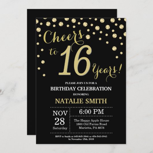 16e verjaardag van het zwarte en gouddiamantgespre kaart (Voorkant / Achterkant)