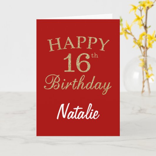 16e verjaardag van Red and Gold Glitter Kaart (Gele Bloem)