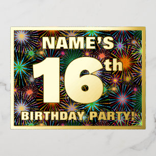 16e verjaardag: Vette, kleurrijke Fireworks-look Folie Uitnodiging Briefkaart