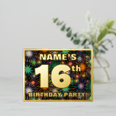 16e verjaardag: Vette, kleurrijke Fireworks-look Folie Uitnodiging Briefkaart (Staand Voorkant)