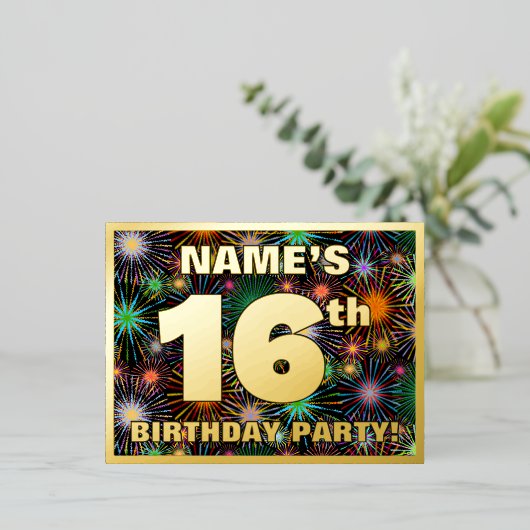 16e verjaardag: Vette, kleurrijke Fireworks-look Folie Uitnodiging Briefkaart (Staand Voorkant)