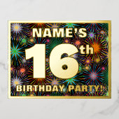16e verjaardag: Vette, kleurrijke Fireworks-look Folie Uitnodiging Briefkaart (Voorkant)