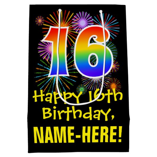 16e verjaardag: Vuurwapenpatroon en regenboog 16 Medium Cadeauzakje (Achterkant)