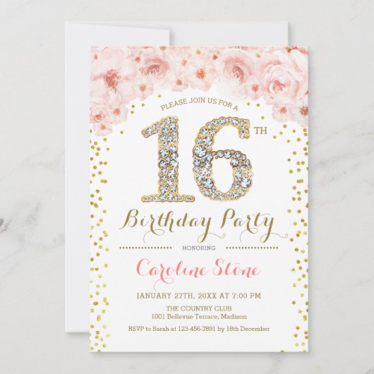 16e verjaardag - White Gold Pink Kaart (Voorkant)