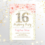 16e verjaardag - White Gold Pink Kaart<br><div class="desc">16e verjaardag Uitnodiging legant ontwerp in faux glitter goud,  roze en wit. Stijlvolle bloemuitnodiging met diamanten en rozen. Ideaal voor een glam feest. Stuur me een bericht als je nog meer aanpassingen nodig hebt.</div>