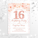 16e verjaardag - White Rose Gold Kaart<br><div class="desc">16e verjaardag uitnodiging voor meisje. Elegant bloemontwerp in faux glitter roos goud en wit. Met diamantumber,  wazige roze rozen en confetti. Ideaal voor een glazen zoete zestiendaagse viering.</div>