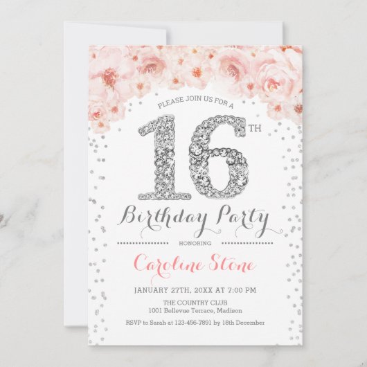 16e verjaardag - White Silver Pink Kaart (Voorkant)