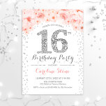 16e verjaardag - White Silver Pink Kaart<br><div class="desc">16e verjaardag uitnodiging voor meisje. Elegant bloemontwerp in faux glitter zilver en wit. Met diamantumber,  wazige roze rozen en confetti. Ideaal voor een glazen zoete zestiendaagse viering.</div>