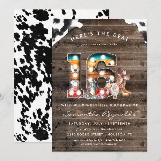 16e verjaardag | Wild West Cowboy uitnodiging (Voorkant / Achterkant)