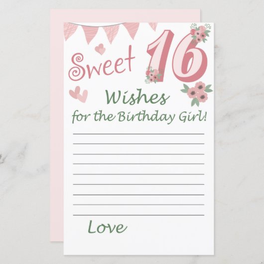 16e verjaardag Wishes voor het verjaardagsmeisje (Voorkant / Achterkant)