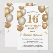 16e verjaardag Witte en gouden ballonnen Kaart (Voorkant / Achterkant)