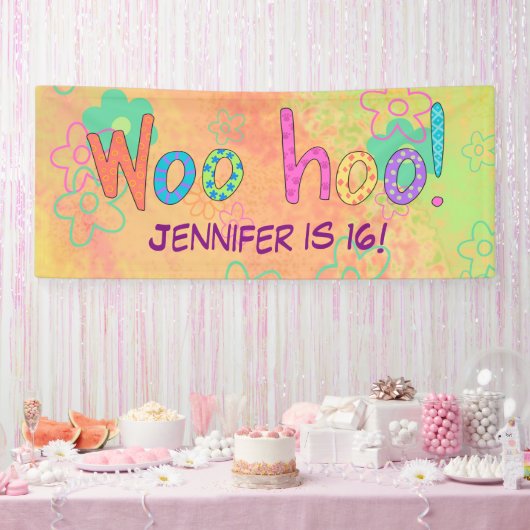 16e verjaardag WooHoo naam gepersonaliseerde banne Spandoek (Feest)