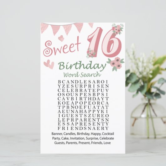 16e verjaardag Word Search Game (Staand voorkant)