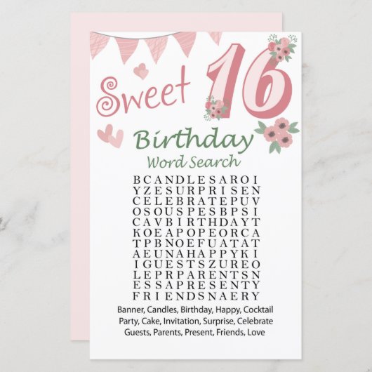 16e verjaardag Word Search Game (Voorkant / Achterkant)