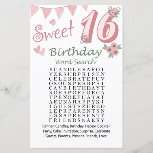 16e verjaardag Word Search Game (Voorkant)