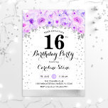 16e verjaardag - Zilveren paarse bloemen Kaart<br><div class="desc">16e verjaardagsfeestuitnodiging. Elegant design in faux glitter Silver met een bloemaccent. Nodig kaart met manuscriptdoopvont en confetti uit. Pastel paars en wit. Ideaal voor een stijlvolle 30e feestdag. Bericht me als je aangepaste leeftijd nodig hebt.</div>