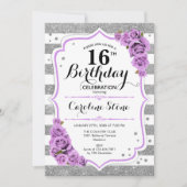 16e verjaardag - Zilverwitte strepen Paarse Rozen Kaart (Voorkant)