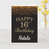 16e Verjaardag Zwart en Goud Glitter Kaart (Gele Bloem)