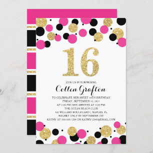 16e Verjaardag Zwart Hot Pink Gold Glitter Confett Kaart