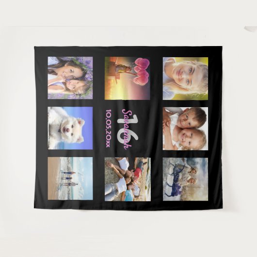 16e verjaardag zwart roze fotocollage wandkleed (Voorkant (horizontaal))