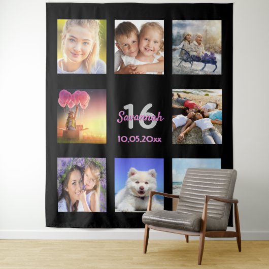 16e verjaardag zwart roze fotocollage wandkleed (In situ)