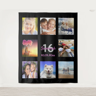 16e verjaardag zwart roze fotocollage wandkleed