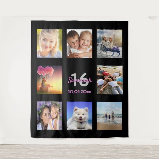 16e verjaardag zwart roze fotocollage wandkleed (Voorkant)