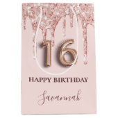 16e verjaardag zwart roze glitter druppelt roos go medium cadeauzakje (Voorkant)