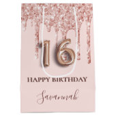 16e verjaardag zwart roze glitter druppelt roos go medium cadeauzakje (Achterkant)