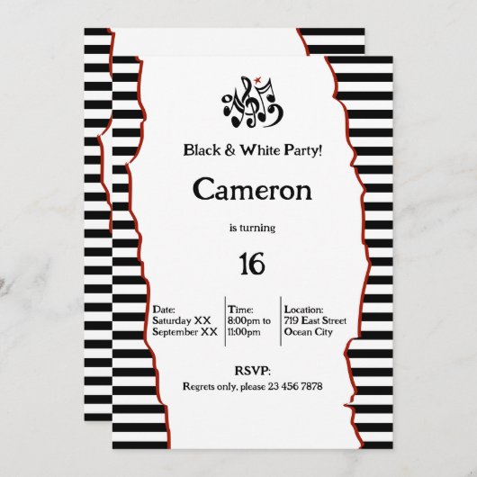 16e Verjaardag Zwart & Wit Feest Kaart (Voorkant / Achterkant)