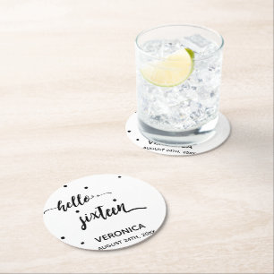 16e verjaardag zwart wit hallo zestien naam ronde kartonnen onderzetter